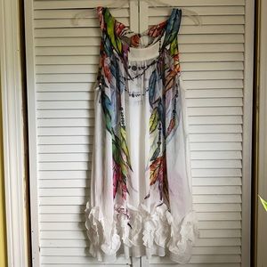 Long white rainbow feather print festival tank